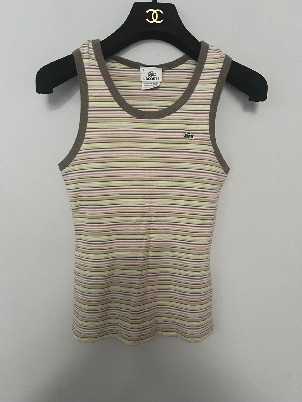 Lacoste Pastel Multi-Stripe Ribbed Tank with Brown Trim
